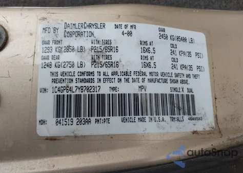 2000 Chrysler Town & Country Limited from USA, damaged, VIN 1C4GP64L7YB702317